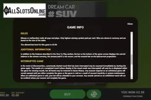 Info 3. Dream Car Suv from Hacksaw Gaming