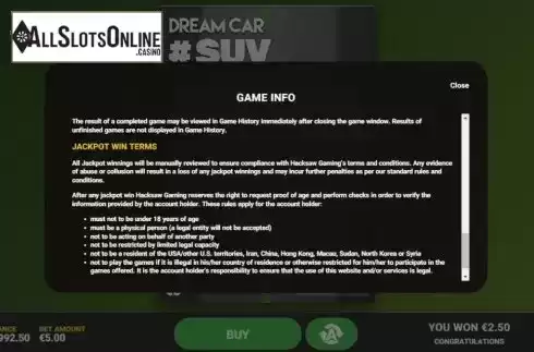 Info 4. Dream Car Suv from Hacksaw Gaming