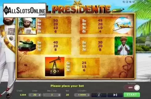 Paytable screen. El Presidente from Five Men Games