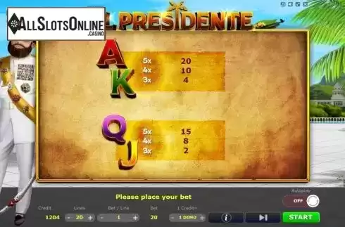 Paytable screen 2. El Presidente from Five Men Games