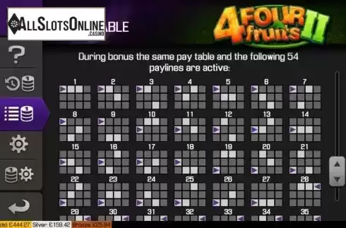 Paytable screen 4. Four Fruits 2 from Apollo Games