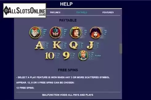 Paytable screen 1. Game of Kings from Arrows Edge
