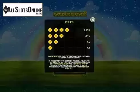 Paytable and rules screen. Golden Clover from Onlyplay