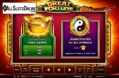 Paytable 1. Great Fortune from Greentube