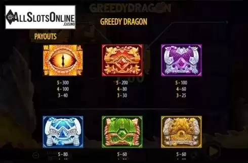Paytable screen. Greedy Dragon from 888 Gaming