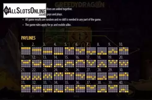 Paylines screen. Greedy Dragon from 888 Gaming
