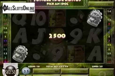 Pick An Idol Bonus Win Presentation screen. Johnny Jungle from Rival Gaming