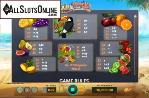 Paytable. Lucky Tropics from BF games