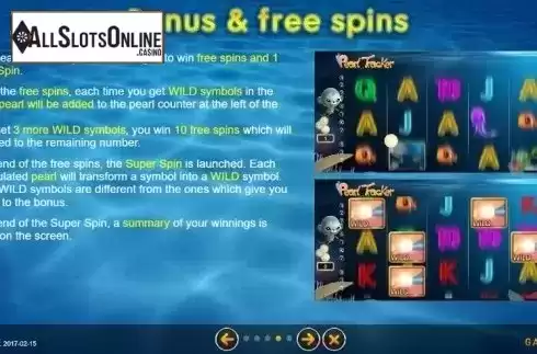 Bonus and Free Spins. Pearl Tracker from GAMING1