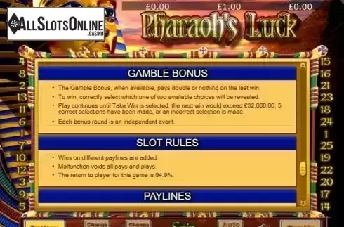 Gamble. Pharaohs Luck from Eyecon