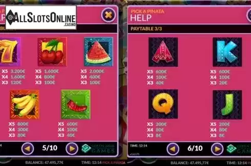 Paytable screen. Pick a Pinata from Green Jade Games