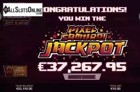 Jackpot win screen. Pixel Samurai from Playtech