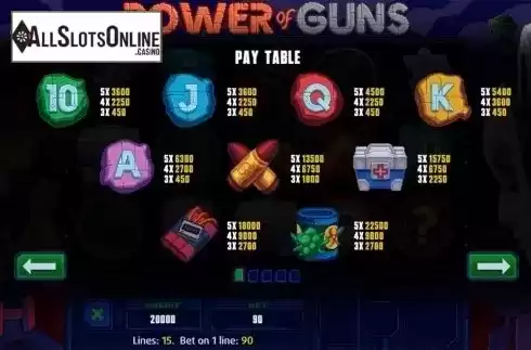 Paytable . Power of Guns from X Line