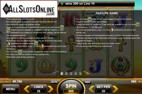 Features. Queen of Aten from Spin Games