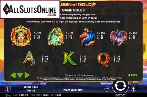 Paytable 1. Queen of gold from Pragmatic Play
