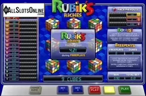 Free spins win screen . Rubik's Riches from Playtech