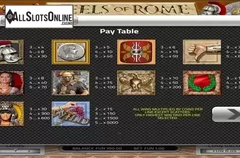 Paytable . Reels of Rome from Concept Gaming