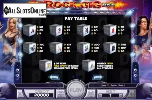 Paytable screen. Rock Gig Dice from Mancala Gaming