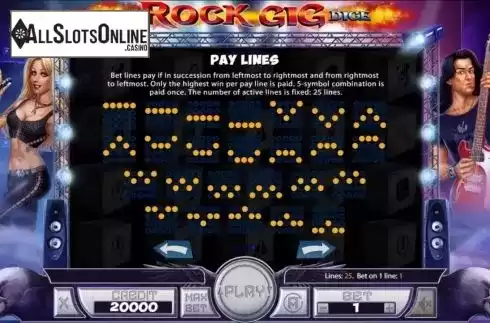 Paylines screen. Rock Gig Dice from Mancala Gaming