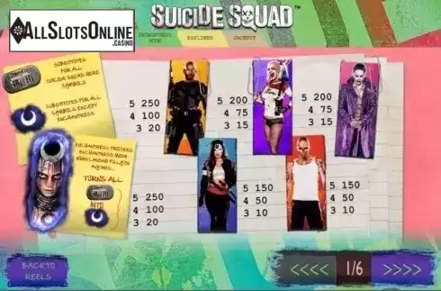 Paytable 1. Suicide Squad from Ash Gaming