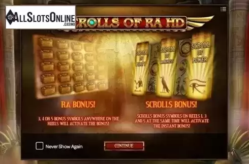 Game features. Scrolls of RA from iSoftBet