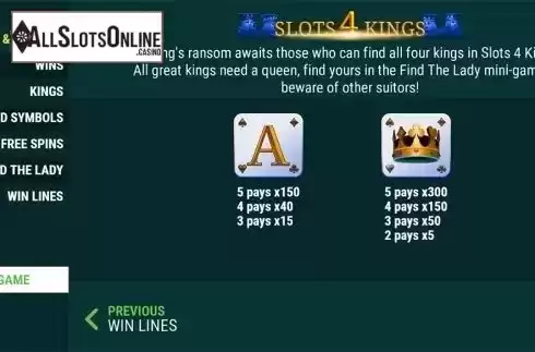 Paytable . Slots 4 Kings from Slot Factory