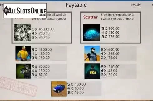 Paytable. The Crackdown from Booming Games