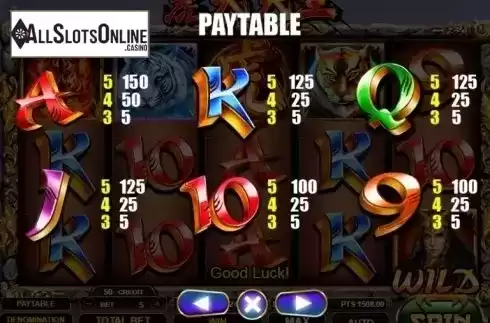 Paytable 3. Tiger Warrior from Spadegaming