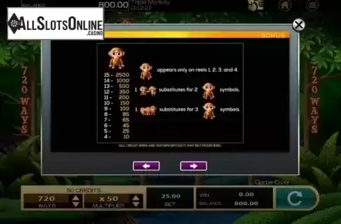 Paytable 1. Triple Monkey (High 5 Games) from High 5 Games