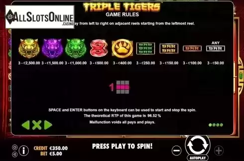 Paytable. Triple Tigers from Pragmatic Play