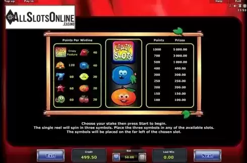Paytable 1. Crazy Slots from Greentube
