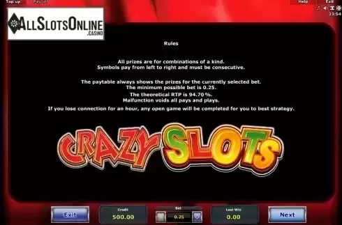 Paytable 5. Crazy Slots from Greentube