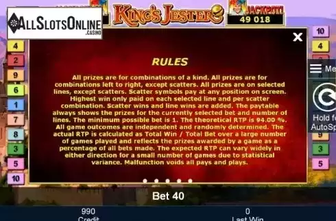 Paytable 4. King´s Jester from Greentube