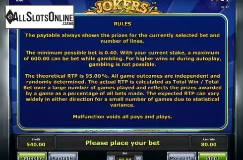 Paytable 3. Jokers Casino from Greentube