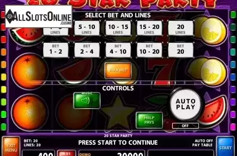 Paytable 1. 20 Star Party from Casino Technology