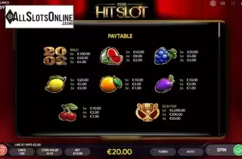 Paytable. 2020 Hit Slot from Endorphina