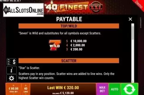 Paytable 1. 40 Finest XXL from Gamomat