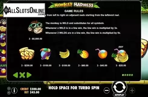 Paytable 1. Monkey Madness from Pragmatic Play