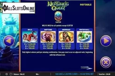 Paytable. Neptune's Quest from WMS
