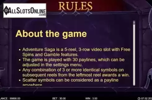Game info screen. Adventure Saga from 7mojos
