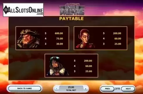 Paytable 2. Agent Valkyrie from 2by2 Gaming