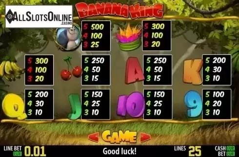 Paytable 1. Banana King HD from World Match