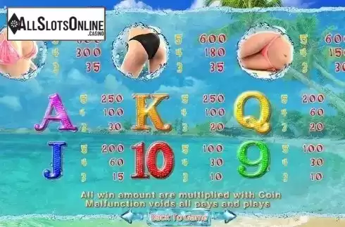 Paytable 2. Bikini Chaser from SimplePlay