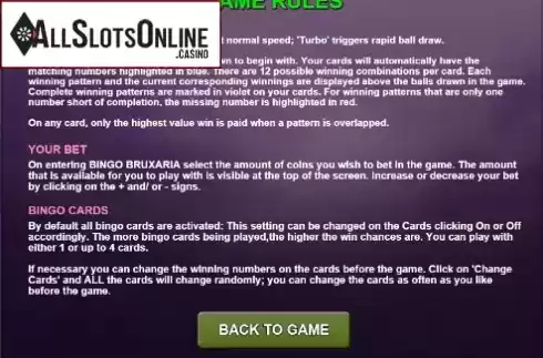 Rules Screen. Bingo Bruxaria from Caleta Gaming