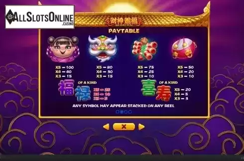 Paytable screen. Cai Shen Ci Fu from Skywind Group