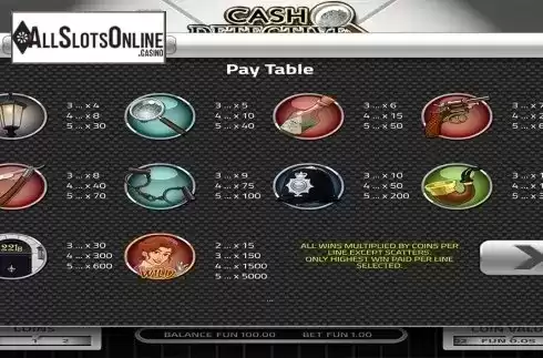 Paytable . Cash Detective from Concept Gaming