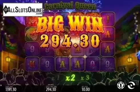 Base Big Win screen. Carnival Queen from Thunderkick