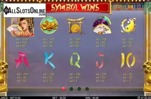 Paytable screen 1. Dragon's Flower from 7mojos