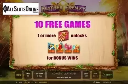 Free Games screen. Feather Frenzy from Greentube
