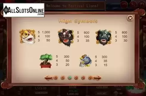 Paytable. Festival Lions from XIN Gaming